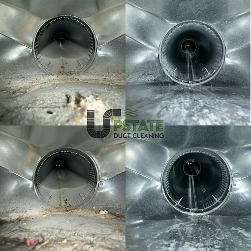 Before and after air duct cleaning showing heavy dust buildup removed for improved airflow and air quality.