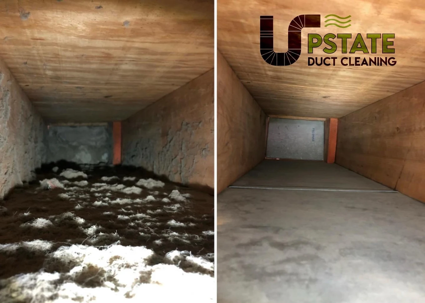 Dirty residential HVAC duct before cleaning and spotless duct interior after expert air duct service.