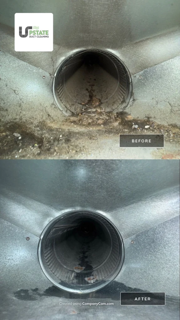 Dirty residential HVAC duct before cleaning and spotless duct interior after expert air duct service.