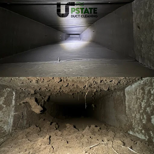 Clogged dryer vent before cleaning compared to a clear, debris-free vent after professional service.