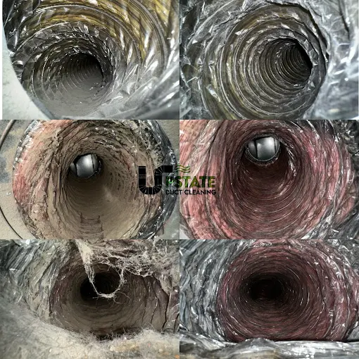 Dirty residential HVAC duct before cleaning and spotless duct interior after expert air duct service.