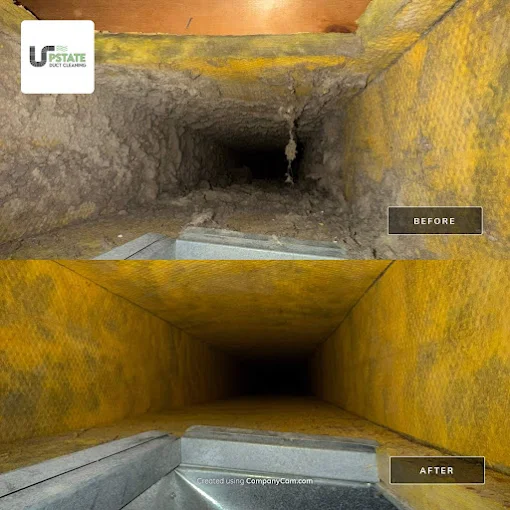Before-and-after dryer vent cleaning highlighting lint removal to reduce fire risk and boost dryer efficiency.